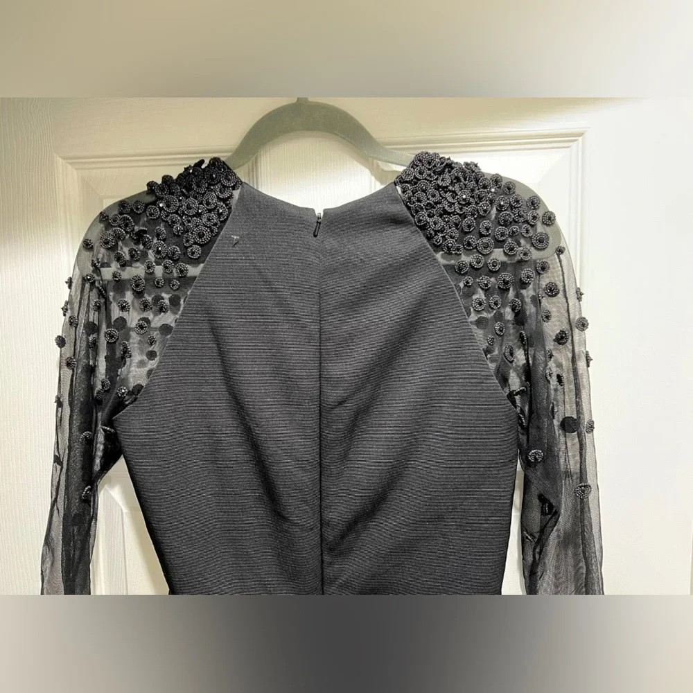 HOT Lela Rose Embellished Beaded Mesh Sleeve Ruched Sheath Black Dress $1695+! - Picture 7 of 12